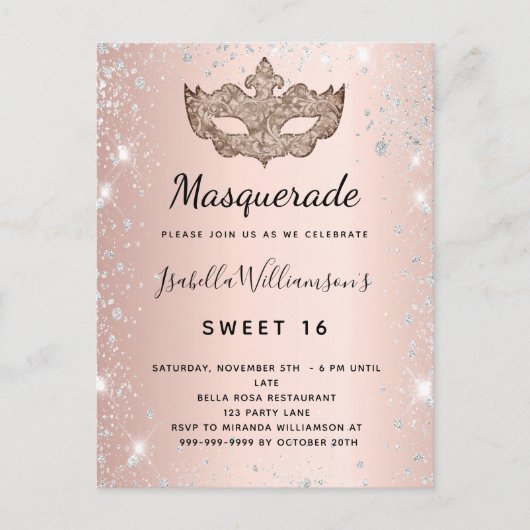 Masquerade roos Gold zilverglitterstof Sweet 16 Uitnodiging Briefkaart (Voorkant)