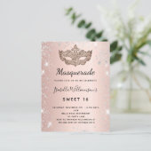 Masquerade roos Gold zilverglitterstof Sweet 16 Uitnodiging Briefkaart (Staand voorkant)