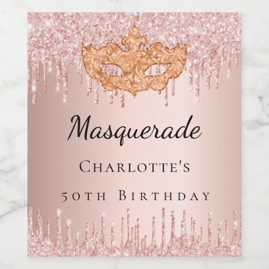 Masquerade roos goud glitter druist verjaardagsfee wijn etiket (Enkel label)