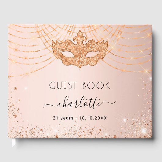 Masquerade roos goud glitter verjaardagsfeestje gastenboek (Voorkant)