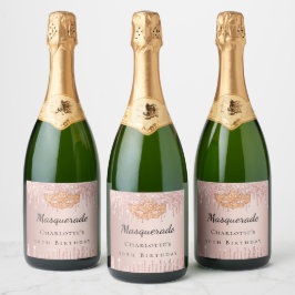 Masquerade roos gouden druppels verjaardagsfeestje sparkling wijnetiket