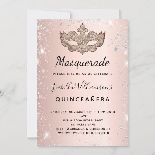 Masquerade roos goudglitter Quinceanera Kaart (Voorkant)