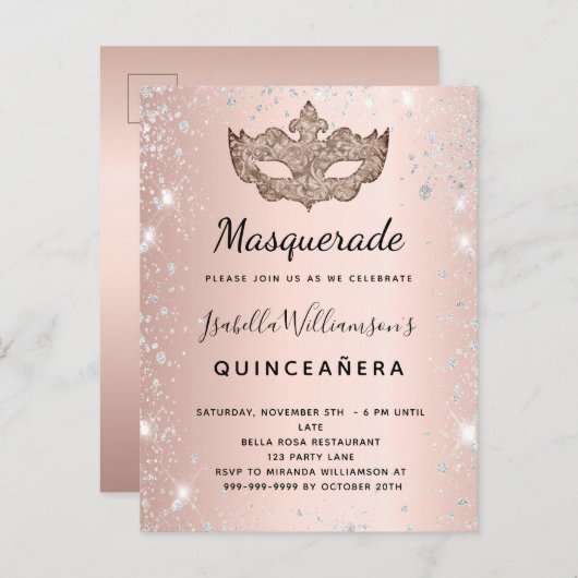 Masquerade roos goudglitter Quinceanera Uitnodiging Briefkaart (Voorkant / Achterkant)