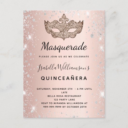 Masquerade roos goudglitter Quinceanera Uitnodiging Briefkaart (Voorkant)