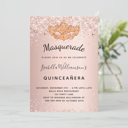 Masquerade roos gouglitter Quinceanera Kaart (Staand voorkant)