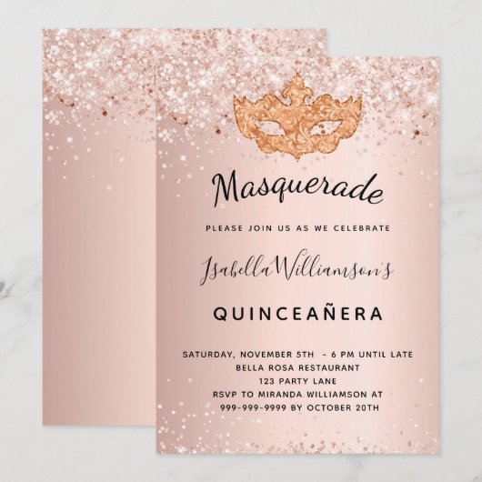 Masquerade roos gouglitter Quinceanera Kaart (Voorkant / Achterkant)