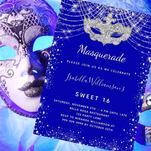 Masquerade royal blue Silver Sweet 16 party Kaart