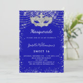 Masquerade royal blue Silver Sweet 16 party luxe Kaart (Staand voorkant)
