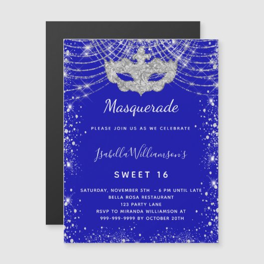 Masquerade royal blue Sweet 16 nodigmagnet (Voorkant / Achterkant)
