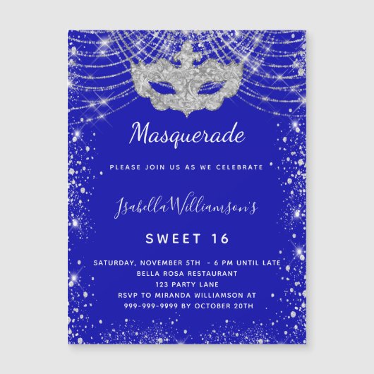 Masquerade royal blue Sweet 16 nodigmagnet (Voorkant)