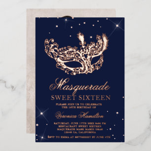 Masquerade roze gouden glinsterend masker Sweet 16 Folie Uitnodiging