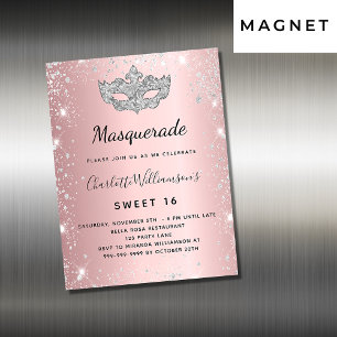 Masquerade roze zilver Sweet 16 uitnodiging magnee