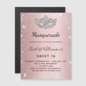 Masquerade roze zilver Sweet 16 uitnodiging magnee (Voorkant / Achterkant)