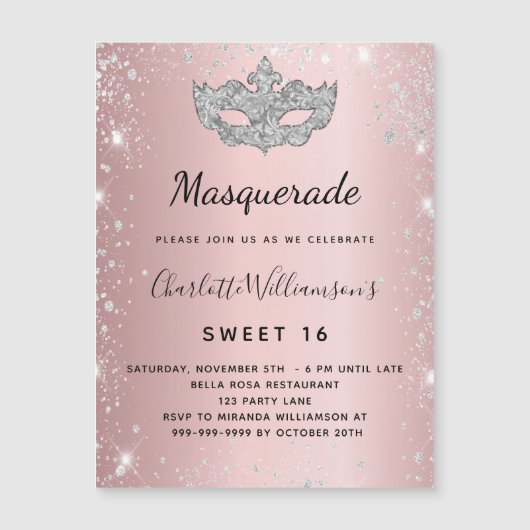 Masquerade roze zilver Sweet 16 uitnodiging magnee (Voorkant)