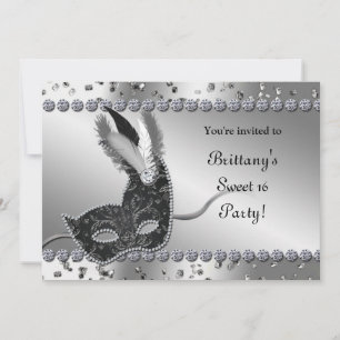 Masquerade Silver & Black Mask Party Invitation Kaart