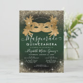 Masquerade Smaragd Groen Gouden Glitter Quinceaner Kaart (Staand voorkant)