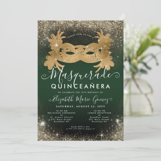 Masquerade Smaragd Groen Gouden Glitter Quinceaner Kaart (Staand voorkant)