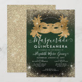 Masquerade Smaragd Groen Gouden Glitter Quinceaner Kaart (Voorkant / Achterkant)