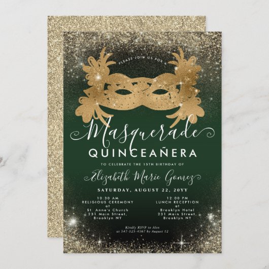 Masquerade Smaragd Groen Gouden Glitter Quinceaner Kaart (Voorkant / Achterkant)