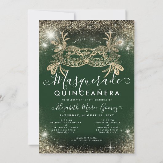 Masquerade Smaragd Groen Gouden Glitter Quinceaner Kaart (Voorkant)