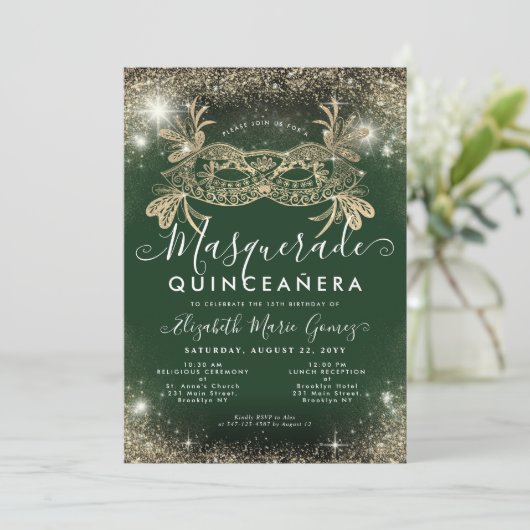 Masquerade Smaragd Groen Gouden Glitter Quinceaner Kaart (Staand voorkant)