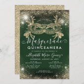 Masquerade Smaragd Groen Gouden Glitter Quinceaner Kaart (Voorkant / Achterkant)