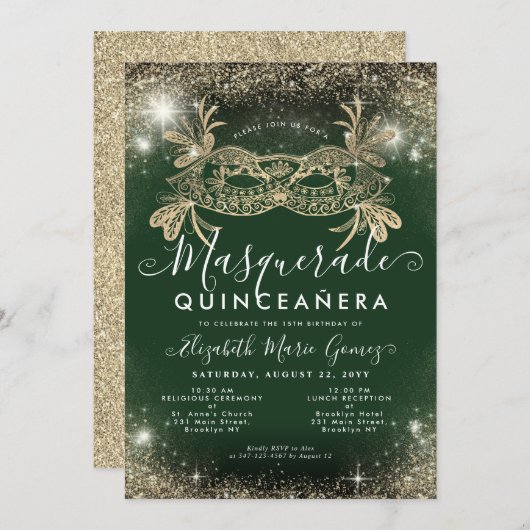 Masquerade Smaragd Groen Gouden Glitter Quinceaner Kaart (Voorkant / Achterkant)