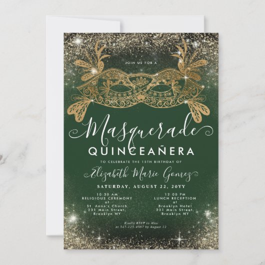 Masquerade Smaragd Groen Gouden Glitter Quinceaner Kaart (Voorkant)