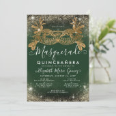 Masquerade Smaragd Groen Gouden Glitter Quinceaner Kaart (Staand voorkant)