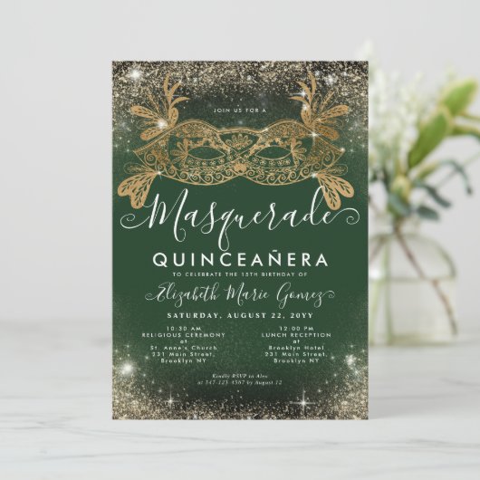 Masquerade Smaragd Groen Gouden Glitter Quinceaner Kaart (Staand voorkant)