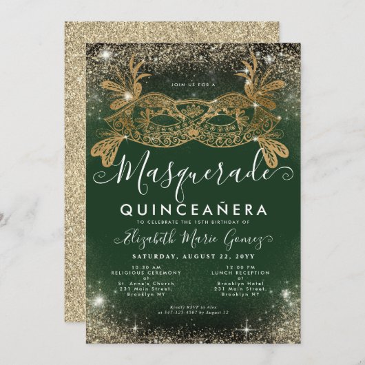 Masquerade Smaragd Groen Gouden Glitter Quinceaner Kaart (Voorkant / Achterkant)