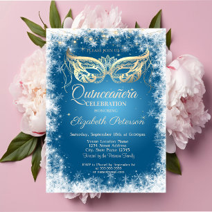 Masquerade, Snowflakes, Blue Quinceañera Uitnodigi Kaart