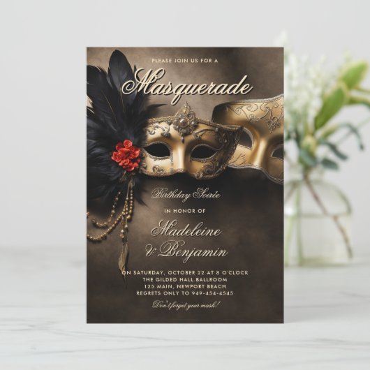 Masquerade Soiree Venetiaanse Maskers Duo 50e verj Kaart (Staand voorkant)