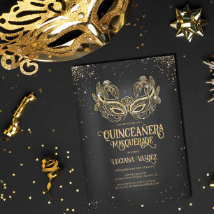 Masquerade Sparkly Gold Glitter Black Quinceañera Kaart