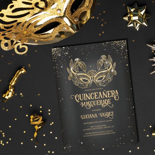 Masquerade Sparkly Gold Glitter Black Quinceañera Kaart