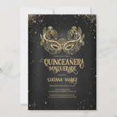 Masquerade Sparkly Gold Glitter Black Quinceañera Kaart (Voorkant)