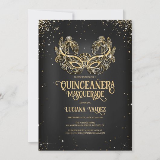 Masquerade Sparkly Gold Glitter Black Quinceañera Kaart (Voorkant)
