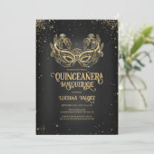Masquerade Sparkly Gold Glitter Black Quinceañera Kaart (Staand voorkant)