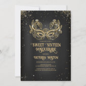 Masquerade Sparkly Gold Glitter Black Sweet 16 Kaart (Voorkant)