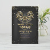 Masquerade Sparkly Gold Glitter Black Sweet 16 Kaart (Staand voorkant)