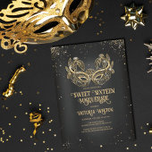 Masquerade Sparkly Gold Glitter Black Sweet 16 Kaart