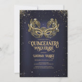 Masquerade Sparkly Gold Glitter Blue Quinceañera Kaart (Voorkant)