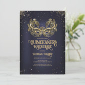 Masquerade Sparkly Gold Glitter Blue Quinceañera Kaart (Staand voorkant)