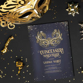 Masquerade Sparkly Gold Glitter Blue Quinceañera Kaart