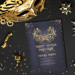 Masquerade Sparkly Gold Glitter Navy Blue Sweet 16 Kaart<br><div class="desc">Deze moderne en chic masquerade van zestien verjaardagsfeestjes is perfect voor het moderne en stijlvolle meisje. Het is voorzien van een speciaal ontworpen faux sparkly gold glitter masquerade mask boven op een blauw marineklein en glitter confetti. Het is elegant, glamoureus, meisjes en trendy; het perfecte ontwerp om indruk te maken...</div>