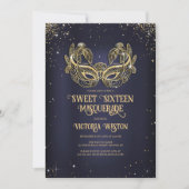 Masquerade Sparkly Gold Glitter Navy Blue Sweet 16 Kaart (Voorkant)