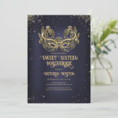 Masquerade Sparkly Gold Glitter Navy Blue Sweet 16 Kaart (Staand voorkant)