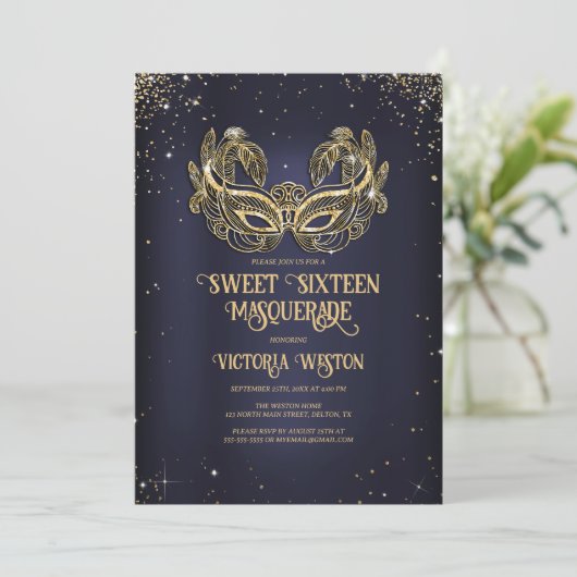 Masquerade Sparkly Gold Glitter Navy Blue Sweet 16 Kaart (Staand voorkant)