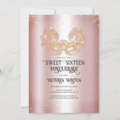 Masquerade Sparkly Gold Glitter Pink Sweet 16 Kaart (Voorkant)