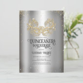 Masquerade Sparkly Gold Glitter Silver Quinceañera Kaart (Staand voorkant)